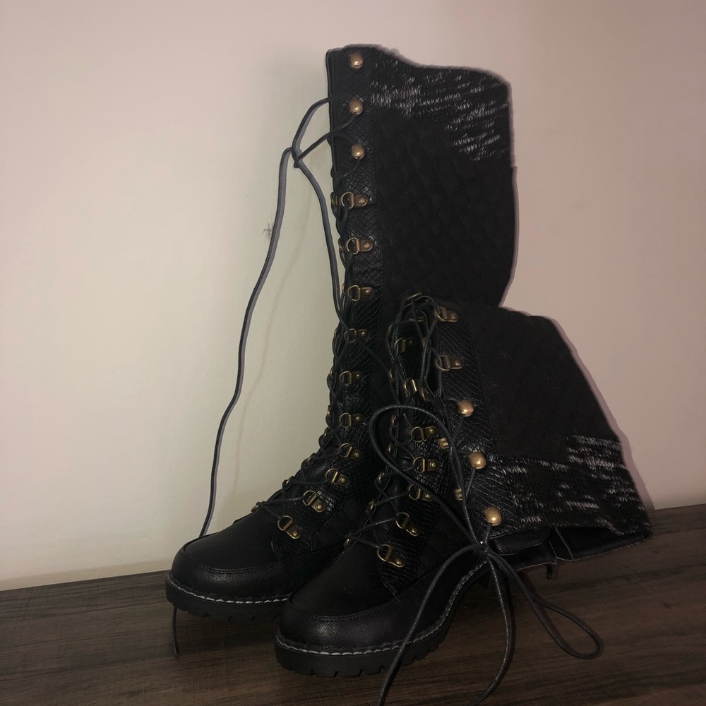 Black Lace Up Knee High Boots